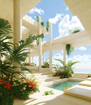 現(xiàn)代建筑設(shè)計，熱帶植物和游泳池