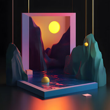 3D極簡主義山水日落場景