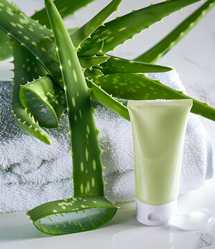 蘆薈植物和白色毛巾上的乳液管