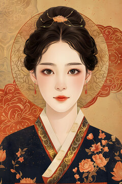 身穿中國傳統(tǒng)服飾的年輕女子肖像