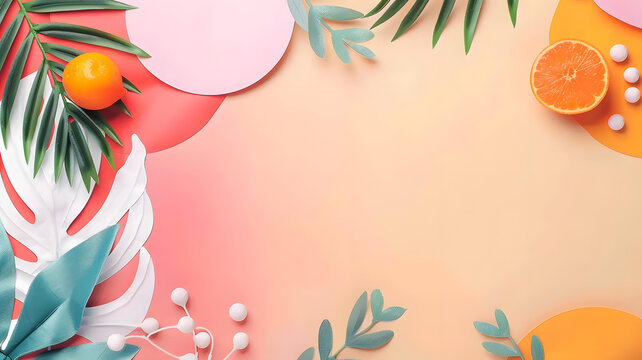 橙色和綠色葉子桃色背景