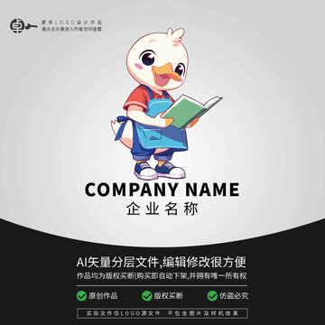 卡通形象動物鴨子看書LOGO