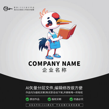 卡通形象動(dòng)物L(fēng)OGO丹頂鶴看書
