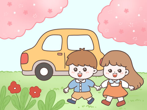 卡通男孩女孩郊游場景插畫