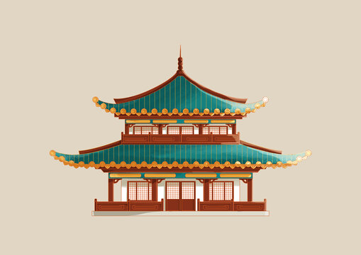 手繪中式古建筑亭臺(tái)樓閣