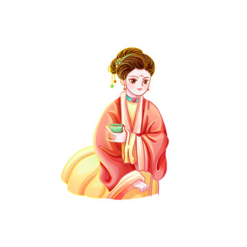 國風品茶看風景仕女美女插畫