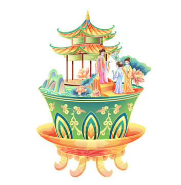 國風亭子品茶賞花仕女場景