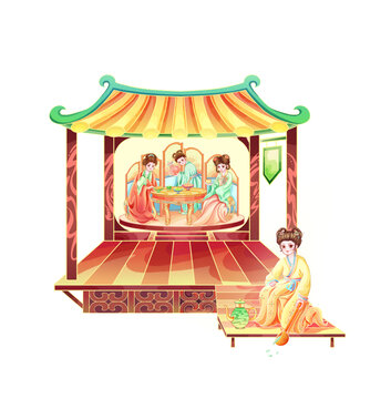 國(guó)風(fēng)亭子品茶吃糕點(diǎn)仕女場(chǎng)景