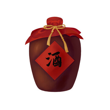 一個寫著酒字的陶制酒壇