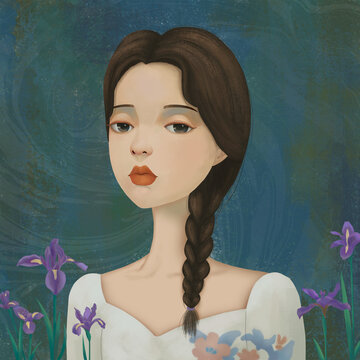 復古肖像畫女神與鳶尾花