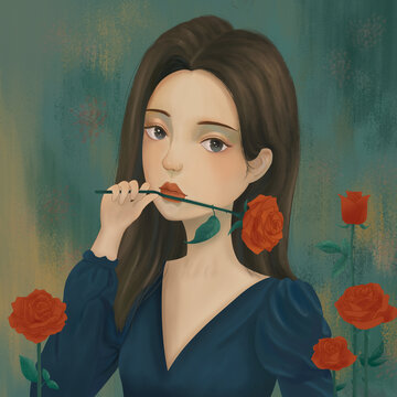 散發(fā)著魅力的女人手中拿著玫瑰
