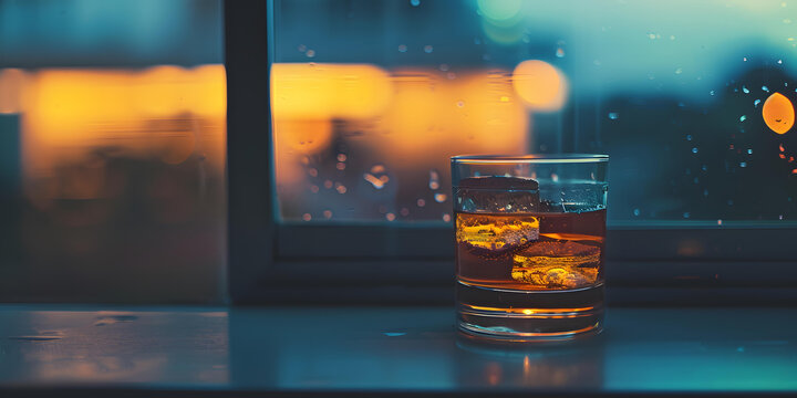 雨夜窗臺(tái)的威士忌酒杯