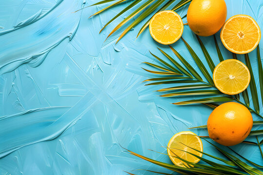 夏季水果棕櫚葉藍(lán)色背景