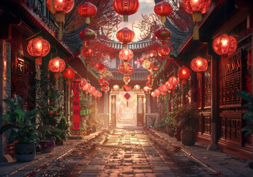 春節(jié)街頭紅燈籠與傳統(tǒng)建筑
