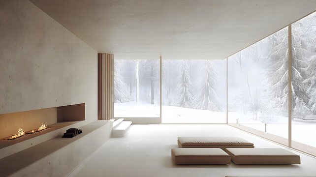 極簡主義室內設計，壁爐和雪景