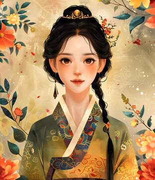 ：一位身穿韓國(guó)傳統(tǒng)服飾的年輕女子，她的頭發(fā)上裝飾著鮮花，背景為金色。