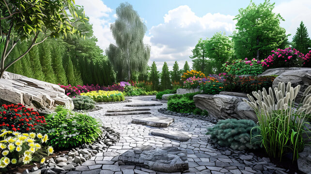 美麗的花園小路五顏六色鮮花