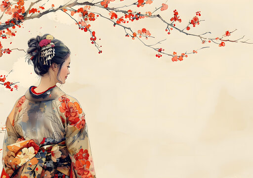 穿著傳統(tǒng)和服的日本女性和櫻花樹(shù)枝