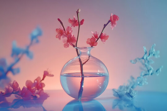 粉紅色花朵在玻璃花瓶中，背景為粉色和藍(lán)色