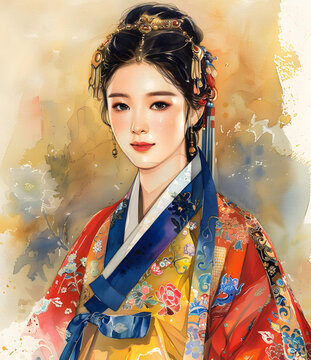 身穿韓國(guó)傳統(tǒng)服飾的年輕女子
