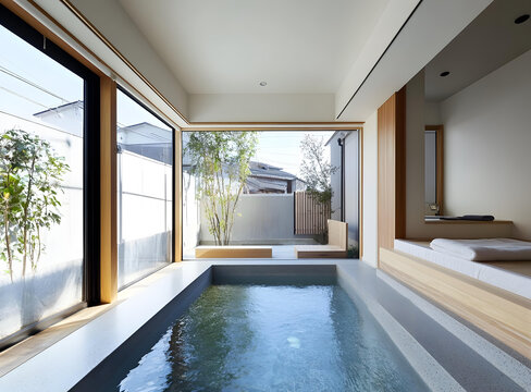 現(xiàn)代日式家居室內(nèi)設(shè)計(jì)，室內(nèi)泳池和花園景觀