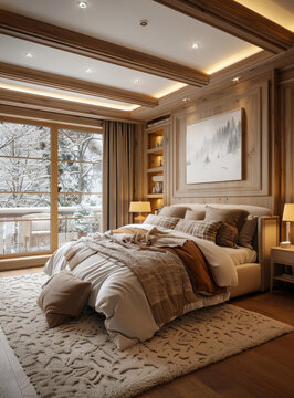 溫馨的臥室，墻上掛著雪景畫(huà)