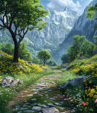 奇幻山地景觀鮮花盛開綠樹成蔭
