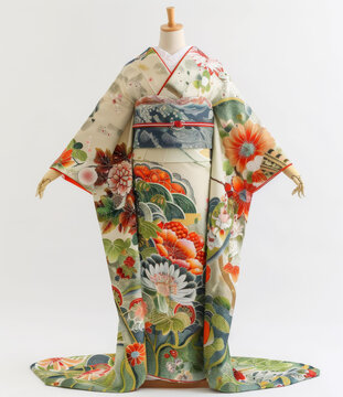 身穿印有花卉圖案和服的女性