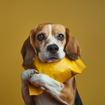 可愛的小獵犬抱著黃色零食
