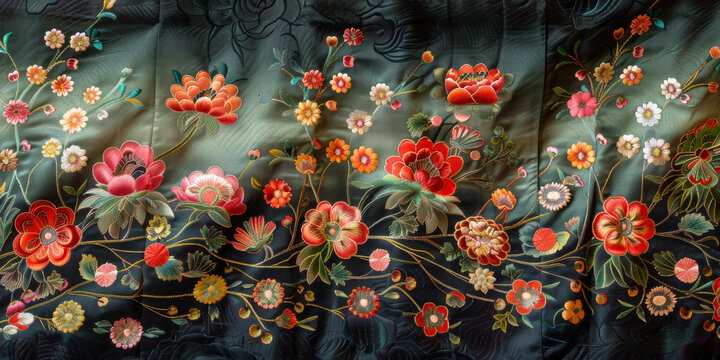 一幅以深綠色為底色的花卉刺繡圖案