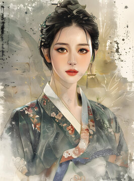 身穿韓國(guó)傳統(tǒng)服飾的年輕女子肖像