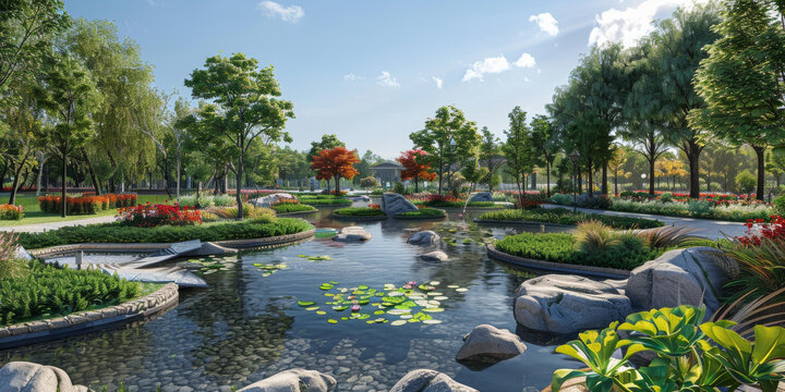 景色怡人的公園里有池塘樹木和鮮花