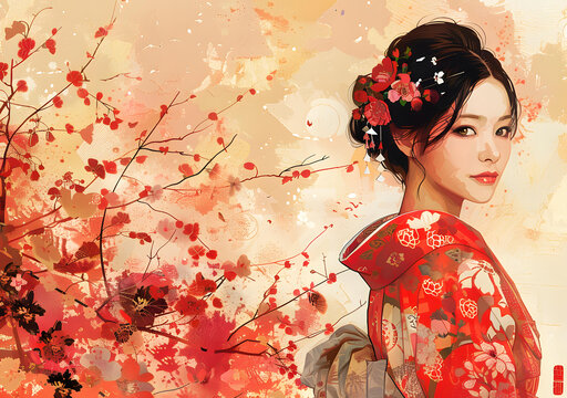 身著紅色和服的日本女性，背景是櫻花