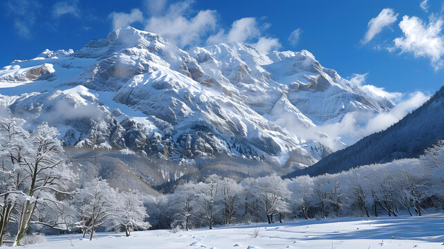 白雪皚皚的群山聳立在白雪覆蓋的森林之上