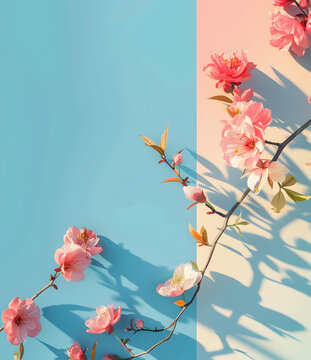 藍(lán)色和黃色背景上的粉色花朵