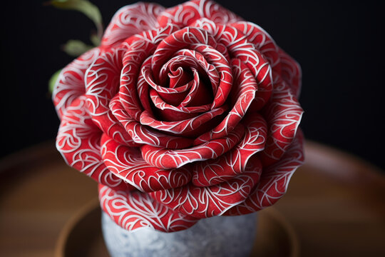 一朵紅玫瑰花瓣上布滿了白色的花紋