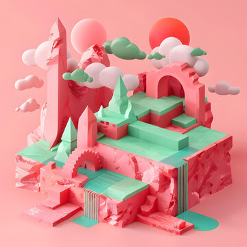粉色和綠色的夢幻景觀抽象3D