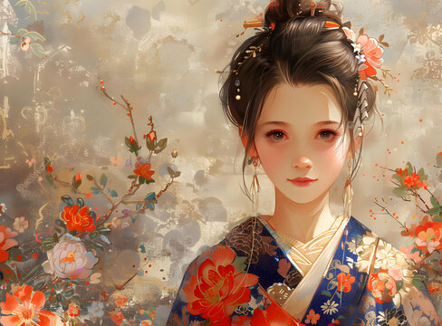 一個身穿和服、頭戴鮮花的美麗亞洲女人的插圖