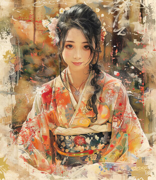 身穿花卉圖案和服與紅色腰帶的亞洲美女插圖