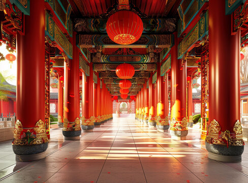 中國(guó)紅柱燈籠庭院