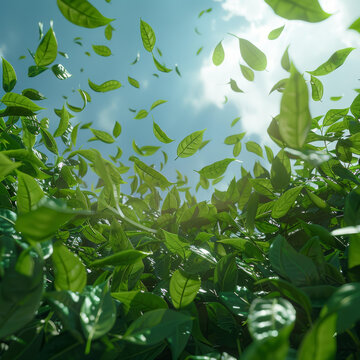 郁郁蔥蔥的茶園里生長(zhǎng)的茶樹(shù)碧綠的葉子