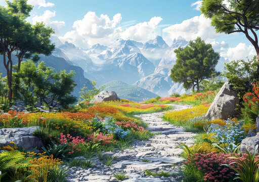 奇幻夢境般的五彩花朵簇擁群山之間