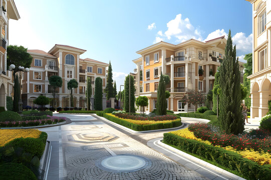 具有美麗的花園的歐洲風(fēng)格住宅建筑