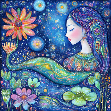 夢(mèng)幻藍(lán)夜星空下的女人與花朵和星星