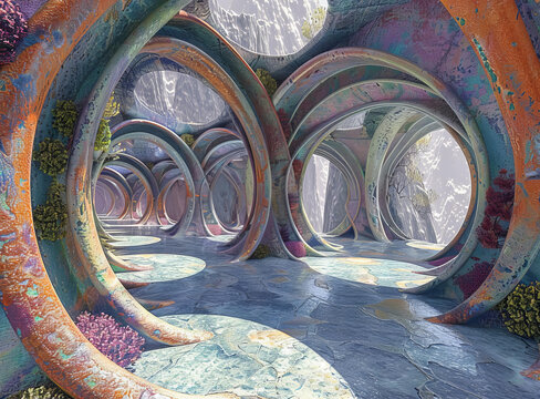 史詩(shī)般的科幻建筑與發(fā)光的晶石和瀑布