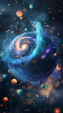 藍(lán)色和橙色的星系，星云和行星
