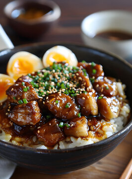 日式豬肉飯蓋飯，配軟煮雞蛋