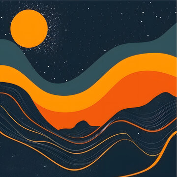 抽象山脈景觀，帶太陽(yáng)和星星