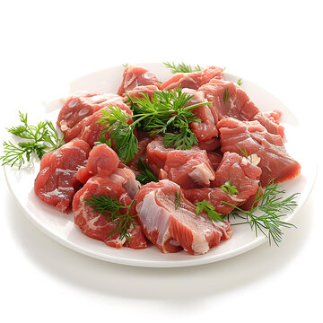 新鮮生的牛肉塊和香菜放在白色盤(pán)子里