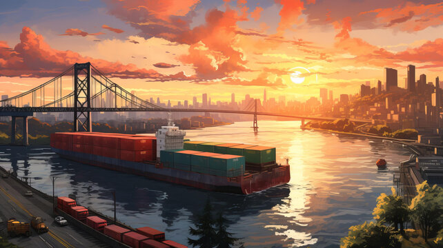夕陽下貨輪駛過大橋